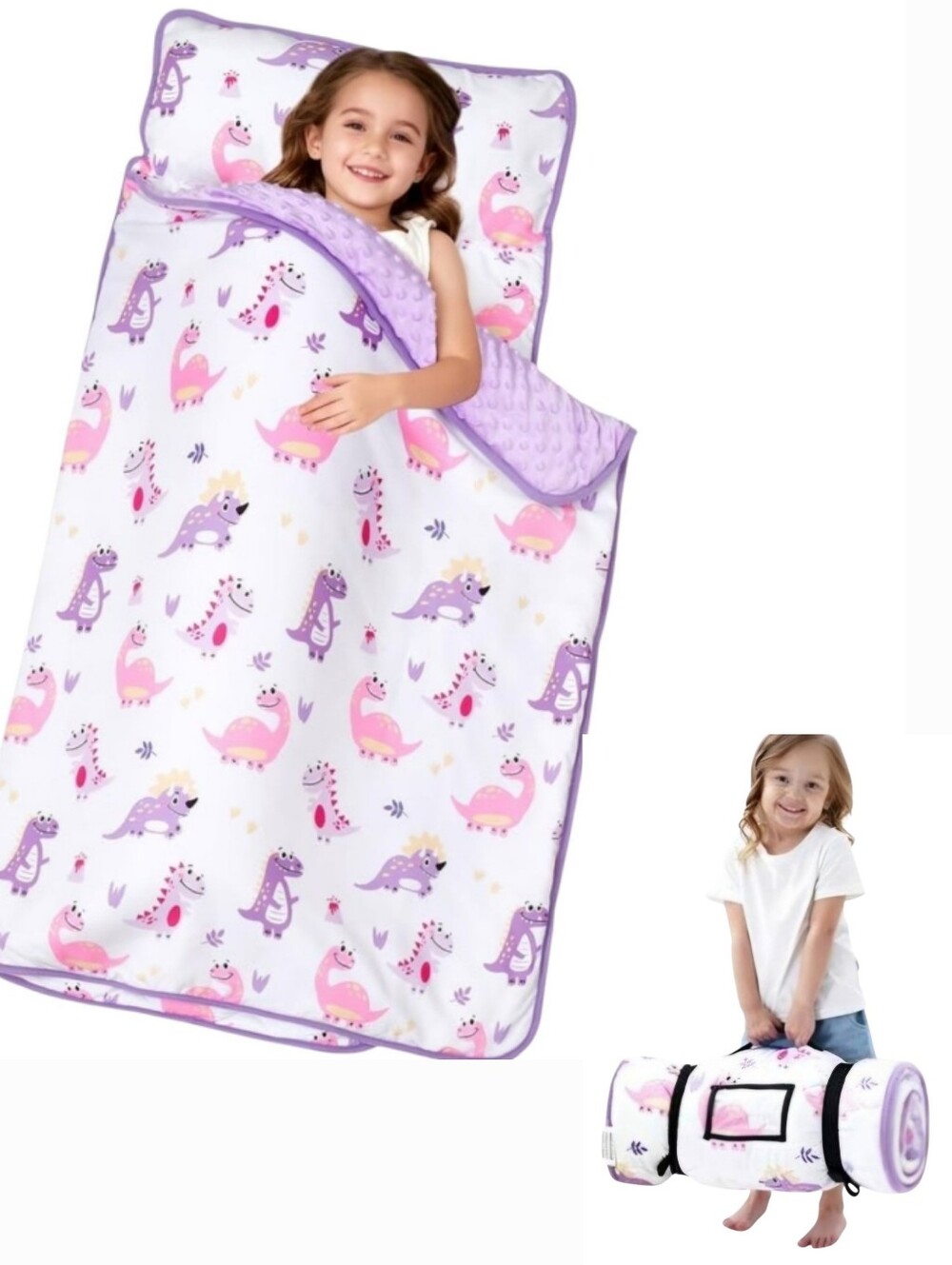 Dinosaur Purple & Pink Toddler Roll-Up Nap Mat with Pillow and Blanket